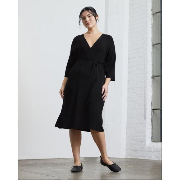 Everlane The Ribbed Wrap Midi Dress in Black Large Womens - Picture 2 of 13